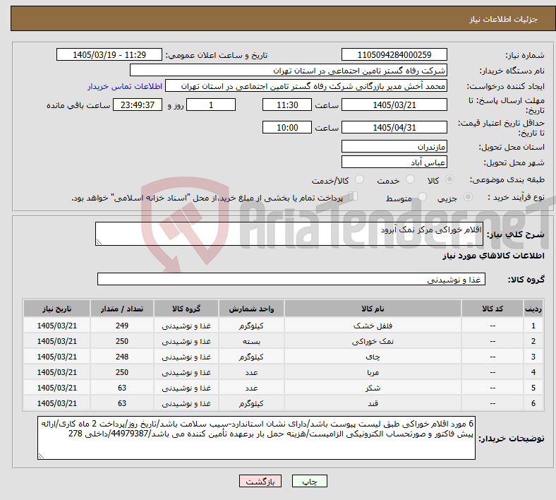 تصویر کوچک آگهی نیاز کالا-اقلام خوراکی مرکز نمک آبرود