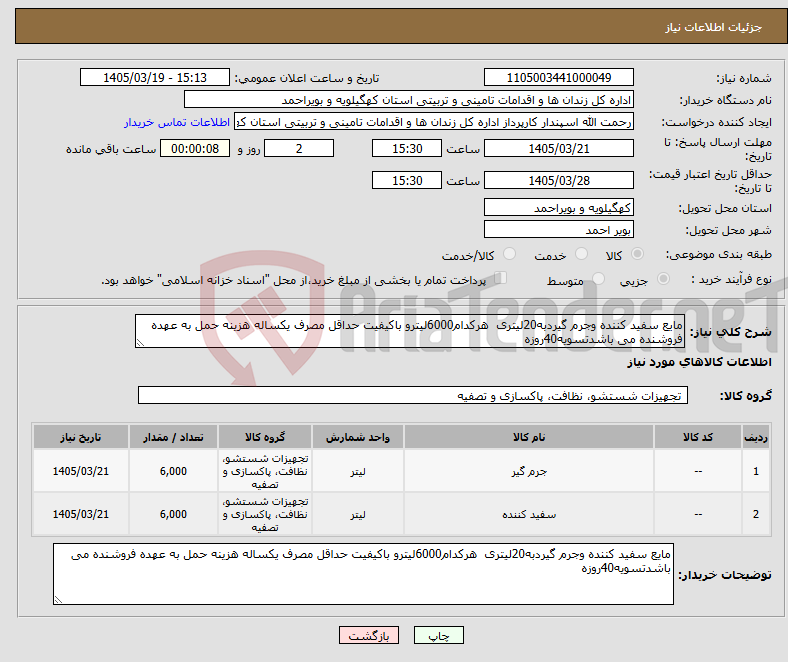تصویر کوچک آگهی نیاز کالا-مایع سفید کننده وجرم گیردبه20لیتری هرکدام6000لیترو باکیفیت حداقل مصرف یکساله هزینه حمل به عهده فروشنده می باشدتسویه40روزه