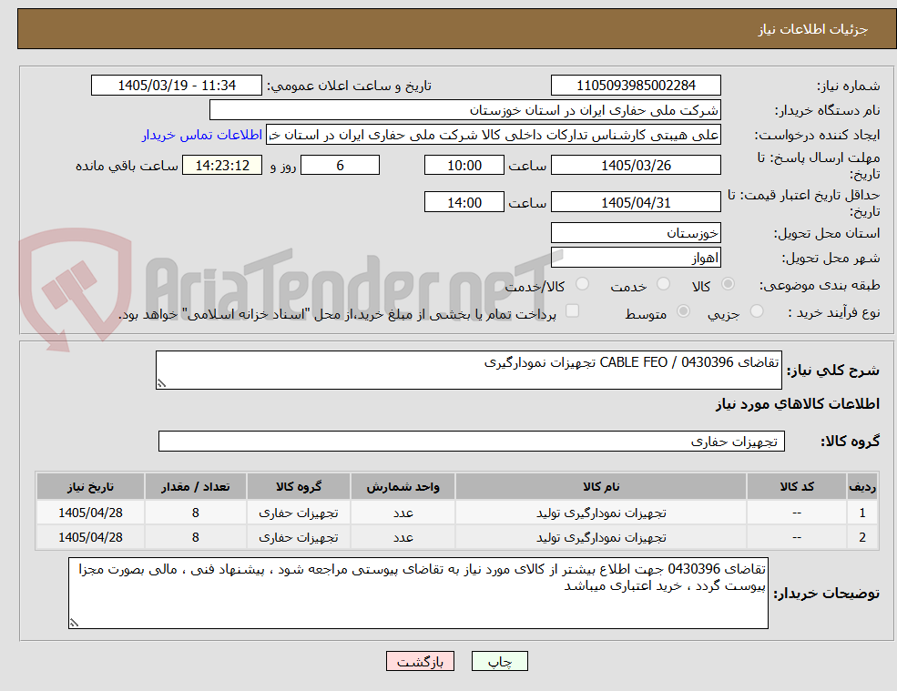 تصویر کوچک آگهی تقاضای 0430396 / CABLE FEO تجهیزات نمودارگیری