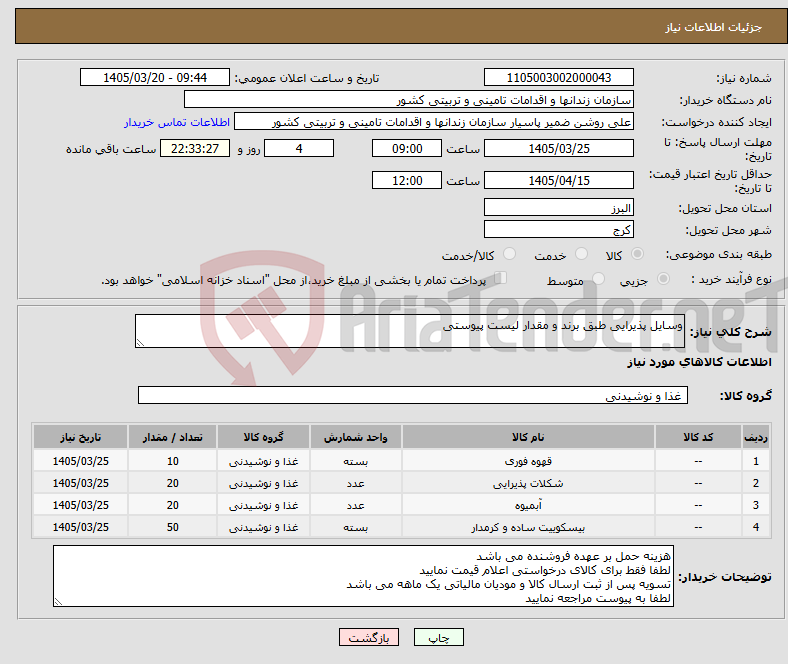 تصویر کوچک آگهی نیاز کالا-وسایل پذیرایی طبق برند و مقدار لیست پیوستی