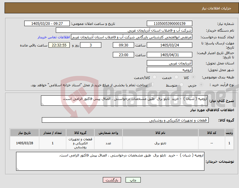 تصویر کوچک آگهی نیاز کالا-ارومیه ( شبان ) - خرید تابلو برق طبق مشخصات درخواستی . الصاق پیش فاکتور الزامی است.