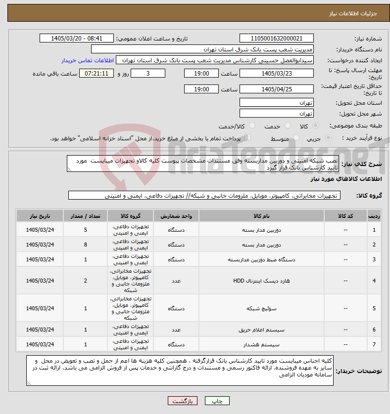 تصویر کوچک آگهی نیاز کالا-نصب شبکه امنیتی و دوربین مداربسته وفق مستندات مشخصات پیوست کلیه کالاو تجهیزات میبایست مورد تایید کارشناس بانک قرار گیرد