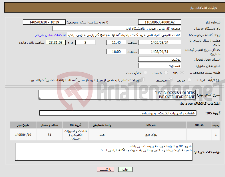 تصویر کوچک آگهی نیاز کالا-FUSE BLOCKS & HOLDERS P/F OVER HEAD CRANE
