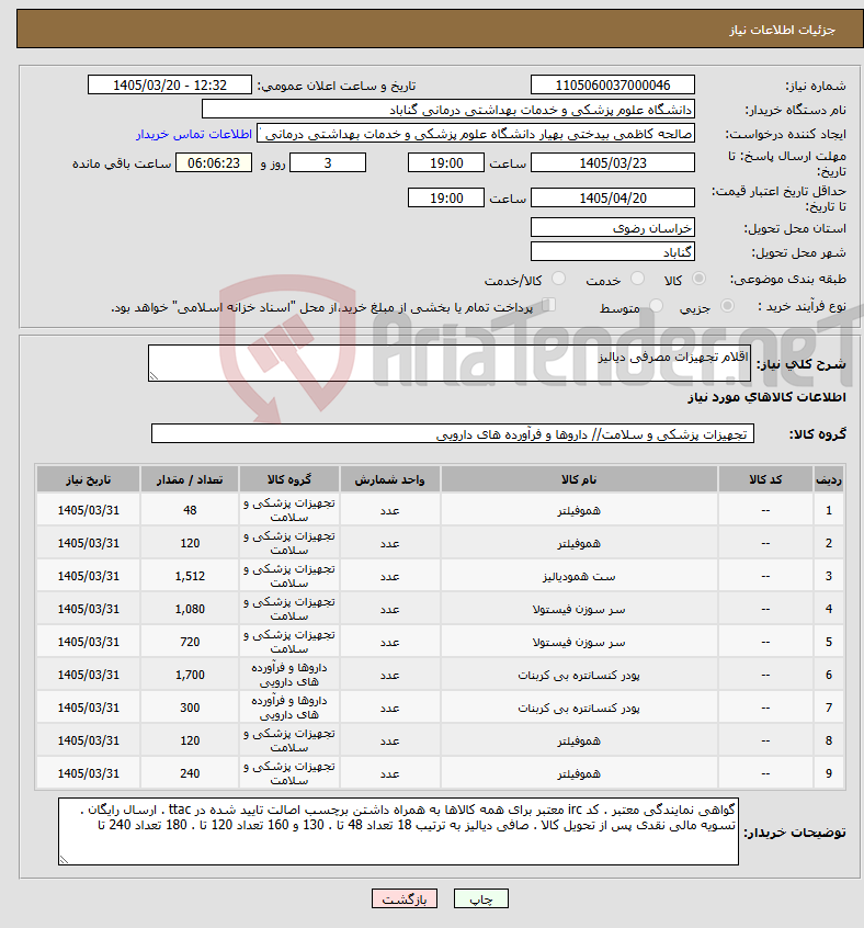 تصویر کوچک آگهی نیاز کالا-اقلام تجهیزات مصرفی دیالیز