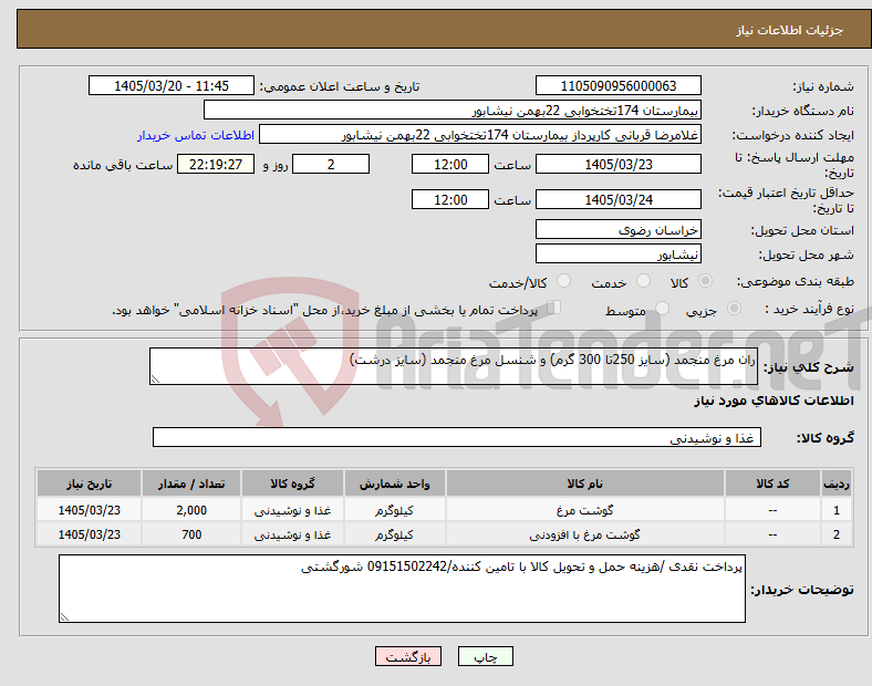 تصویر کوچک آگهی نیاز کالا-ران مرغ منجمد (سایز 250تا 300 گرم) و شنسل مرغ منجمد (سایز درشت)