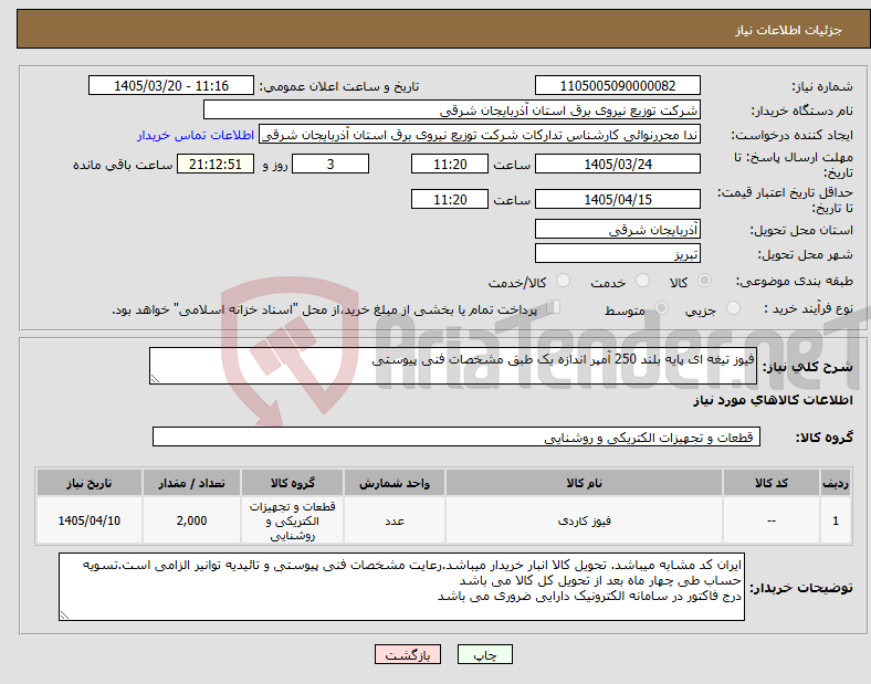 نیاز کالا-فیوز تیغه ای پایه بلند 250 آمپر اندازه یک طبق مشخصات فنی پیوستی