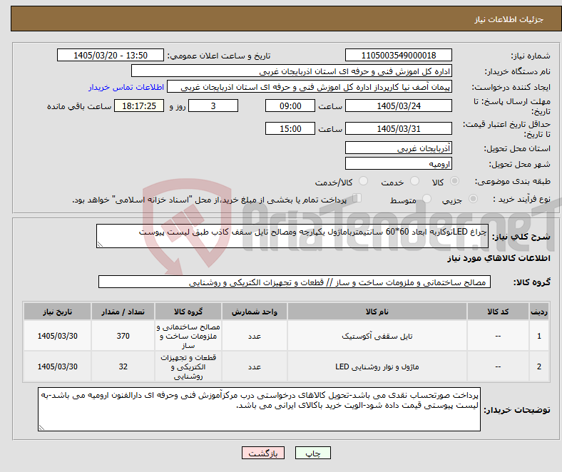 نیاز کالا-چراغ LEDتوکاربه ابعاد 60*60 سانتیمترباماژول یکپارچه ومصالح تایل سقف کاذب طبق لیست پیوست