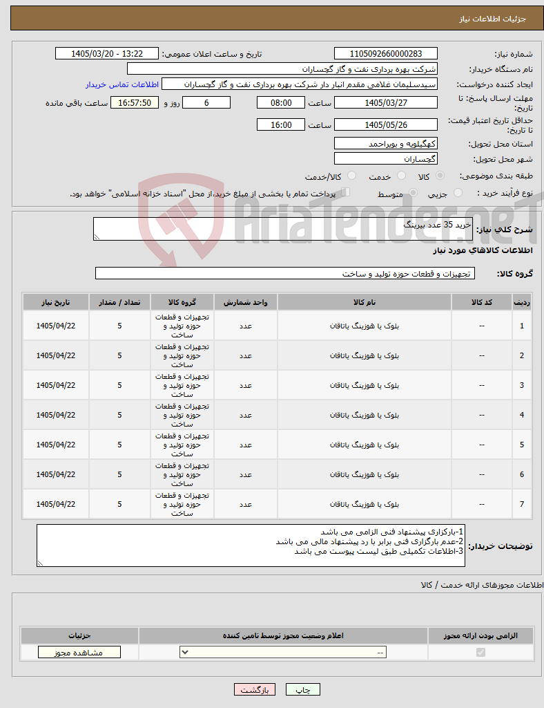 تصویر کوچک آگهی نیاز کالا-خرید 35 عدد بیرینگ
