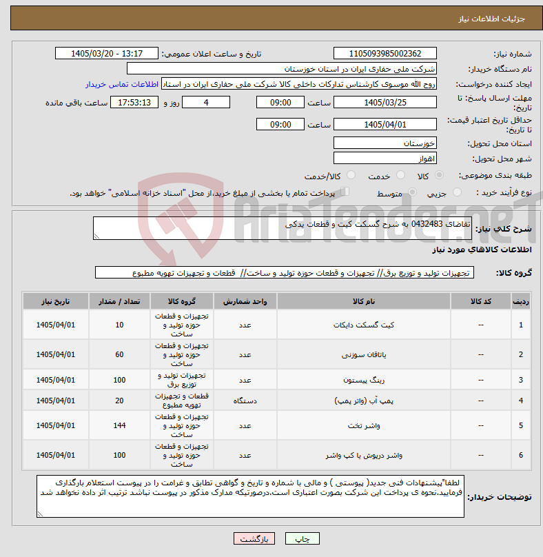تصویر کوچک آگهی نیاز کالا-تقاضای 0432483 به شرح گسکت کیت و قطعات یدکی