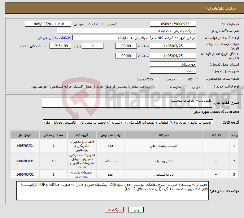 تصویر کوچک آگهی نیاز کالا-طبق شرح تقاضای پیوست