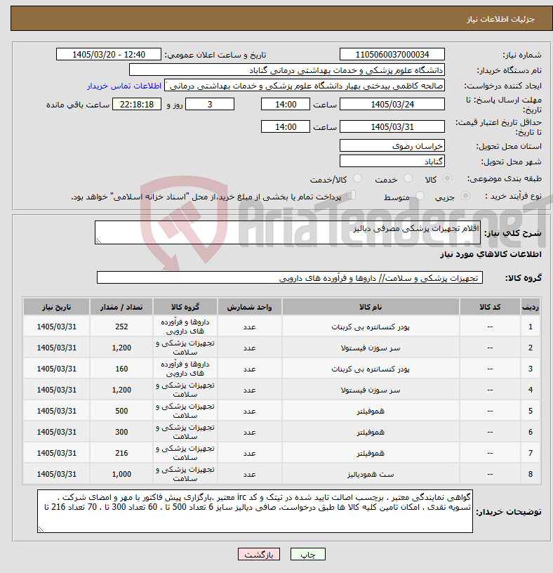 تصویر کوچک آگهی نیاز کالا-اقلام تجهیزات پزشکی مصرفی دیالیز 