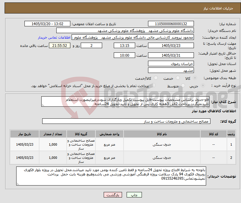 نیاز کالا-فاو-جدول براساس مشخصات پیوست-فایل پیوست تکمیل وبارگذاری شوددرغیراینصورت استعلام تاییدنمیگردد.پرداخت 2الی 3هفته کاری پس از تحویل و تایید-تحویل 24ساعته