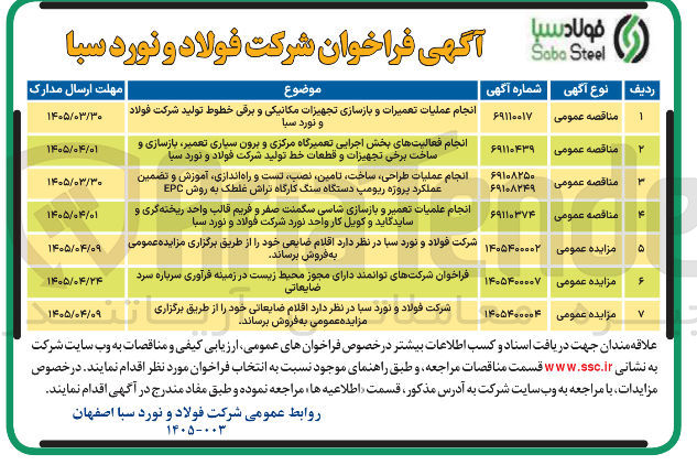تصویر کوچک آگهی انجام عملیات تعمیرات و بازسازی تجهیزات مکانیکی و برقی خطوط تولید شرکت فولاد و نورد سبا 