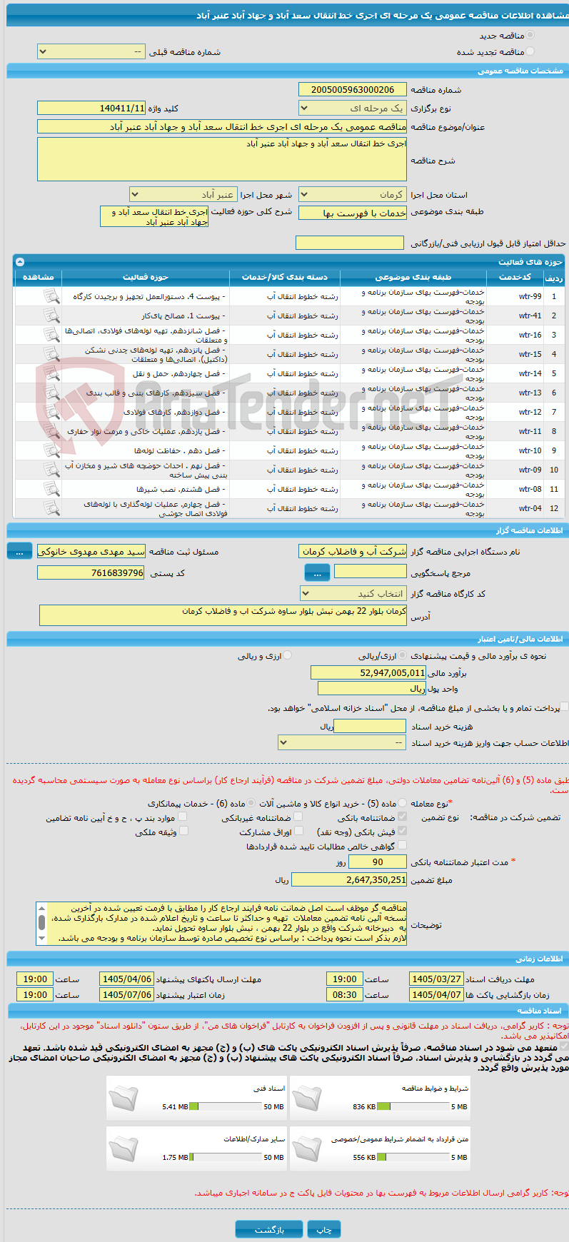 تصویر کوچک آگهی مناقصه عمومی یک مرحله ای اجری خط انتقال سعد آباد و جهاد آباد عنبر آباد
