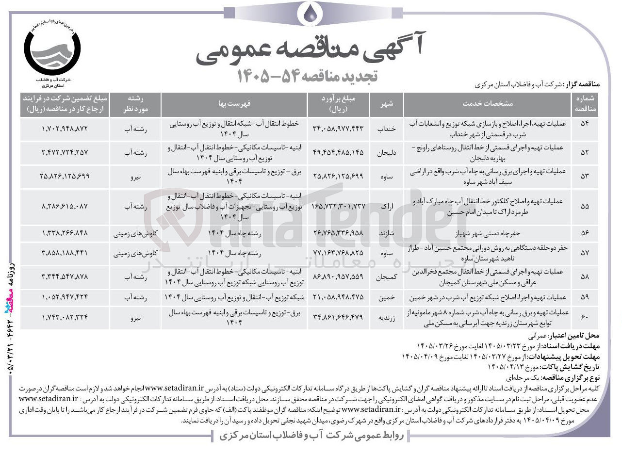 تصویر کوچک آگهی عملیات تهیه و اصلاح کلکتور خط انتقال آب چاه