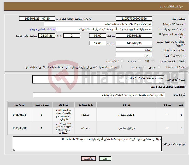 تصویر کوچک آگهی نیاز کالا-جرثقیل سقفی تک فاز 5 و 3 تن 