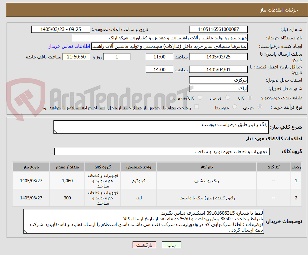 تصویر کوچک آگهی رنگ و تینر طبق درخواست پیوست