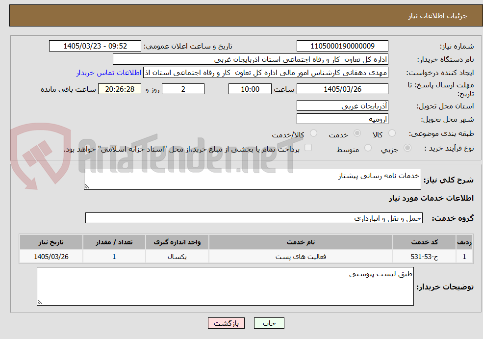 تصویر کوچک آگهی خدمات نامه رسانی پیشتاز