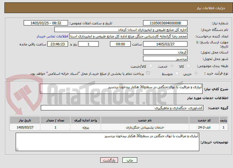 تصویر کوچک آگهی آبیاری و مراقبت با نهال جنگلی در سطح30 هکتار بیدخون بردسیر