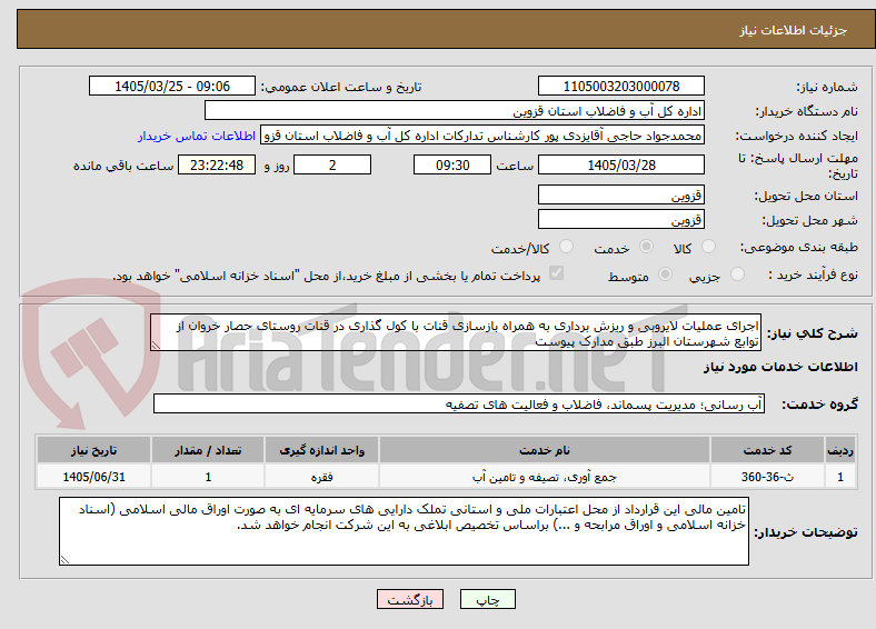 تصویر کوچک آگهی اجرای عملیات لایروبی و ریزش برداری به همراه بازسازی قنات با کول گذاری در قنات روستای حصار خروان از توابع شهرستان البرز طبق مدارک پیوست