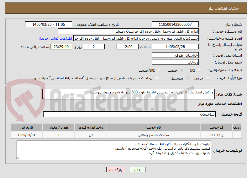 تصویر کوچک آگهی  روکش آسفالت راه روستایی محسن آباد به طول 600 متر به شرح جدول پیوست 