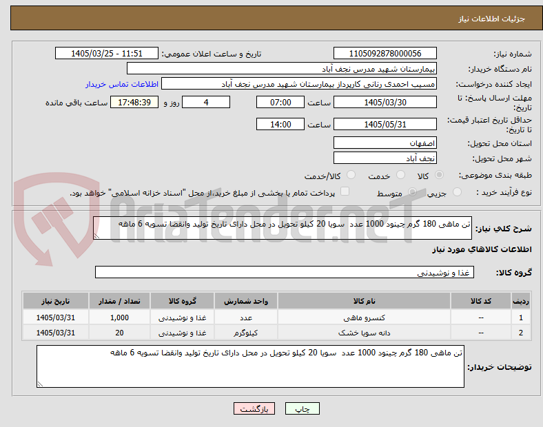 تصویر کوچک آگهی تن ماهی 180 گرم چینود 1000 عدد  سویا 20 کیلو تحویل در محل دارای تاریخ تولید وانقضا تسویه 6 ماهه