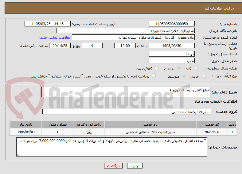 انواع کابل و ترمینال دوپیچه