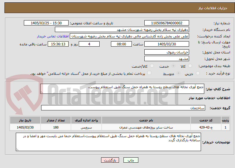 تصویر کوچک آگهی جمع آوری نخاله های سطح روستا به همراه حمل سنگ طبق استعلام پیوست.