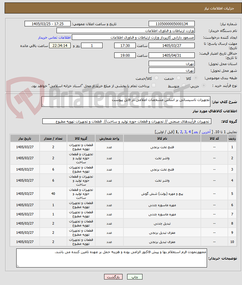 تصویر کوچک آگهی تجهیزات تاسیساتی بر اساس مشخصات اعلامی در فایل پیوست