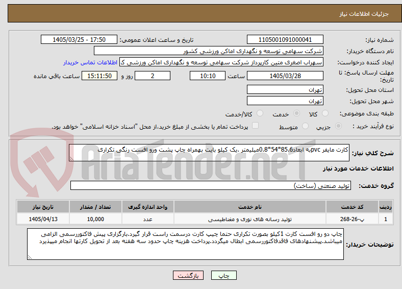 تصویر کوچک آگهی کارت مایفر pvcبه ابعاد85.6*54*0.8میلیمتر .یک کیلو بایت بهمراه چاپ پشت ورو افست رنگی تکراری 