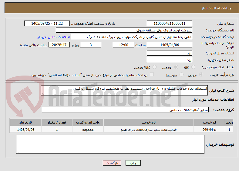 استعلام بهاء خدمات مشاوره و باز طراحی سیستم نظارت هوشمند نیروگاه سیکل ترکیبی