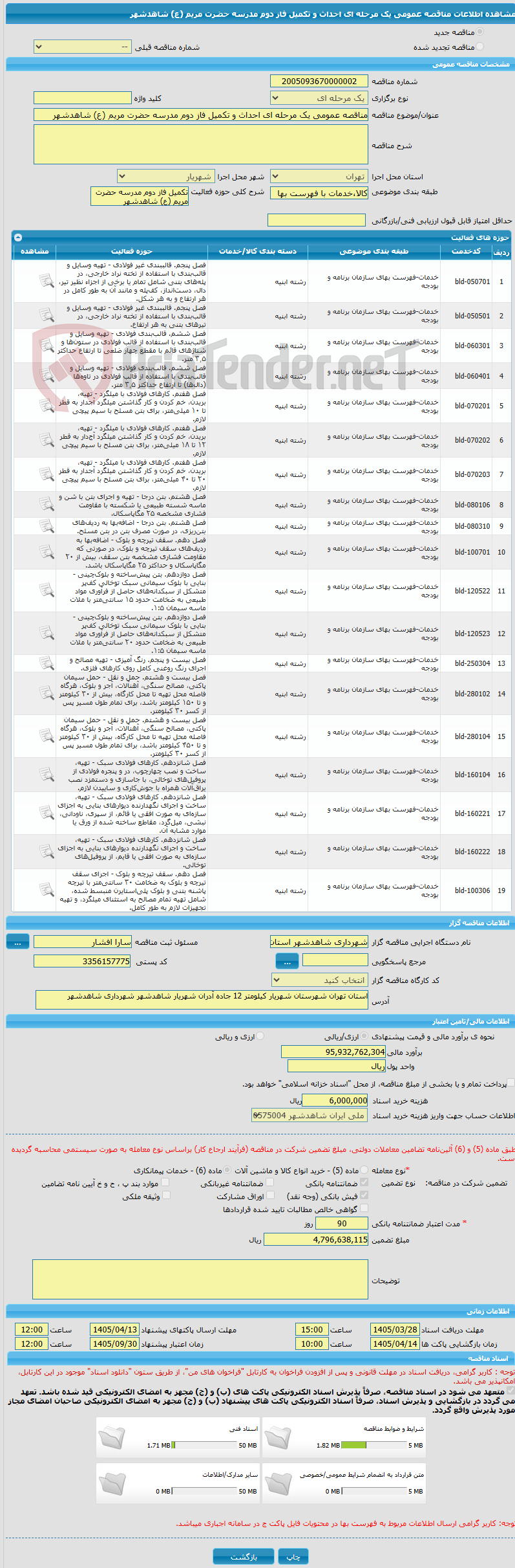 تصویر کوچک آگهی مناقصه عمومی یک مرحله ای احداث و تکمیل فاز دوم مدرسه حضرت مریم (ع) شاهدشهر