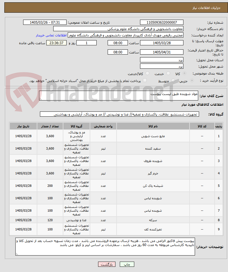 تصویر کوچک آگهی مواد شوینده طبق لیست پیوست