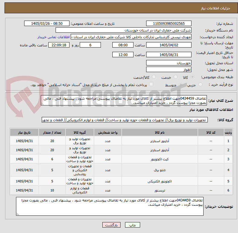 تصویر کوچک آگهی تقاضای 0434459جهت اطلاع بیشتر از کالای مورد نیاز به تقاضای پیوستی مراجعه شود ، پیشنهاد فنی ، مالی بصورت مجزا پیوست گردد ، خرید اعتباری میباشد.