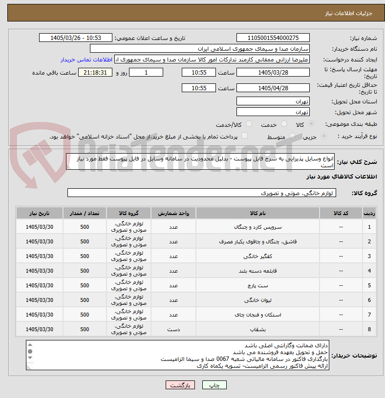 تصویر کوچک آگهی انواع وسایل پذیرایی به شرح فایل پیوست - بدلیل محدودیت در سامانه وسایل در فایل پیوست فقط مورد نیاز است
