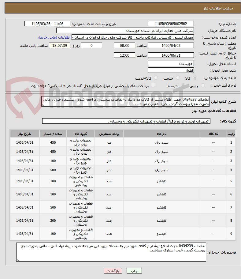 تصویر کوچک آگهی تقاضای 0434239 جهت اطلاع بیشتر از کالای مورد نیاز به تقاضای پیوستی مراجعه شود ، پیشنهاد فنی ، مالی بصورت مجزا پیوست گردد ، خرید اعتباری میباشد.