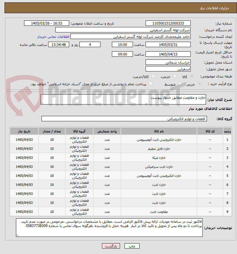 تصویر کوچک آگهی خازن و مقاومت مطابق جدول پیوست