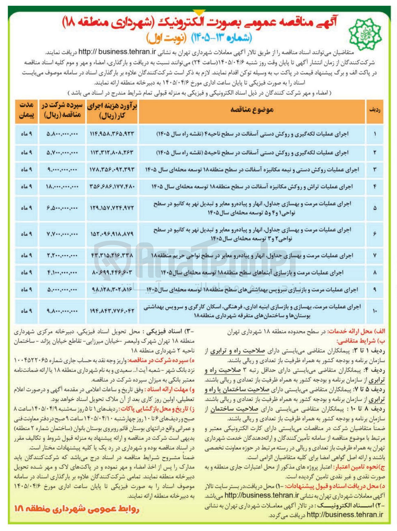 تصویر کوچک آگهی اجرای عملیات مرمت بهسازی و بازسازی ابنیه اداری فرهنگی اسکان کارگری و سرویس بهداشتی بوستانها و ساختمانهای متفرقه
