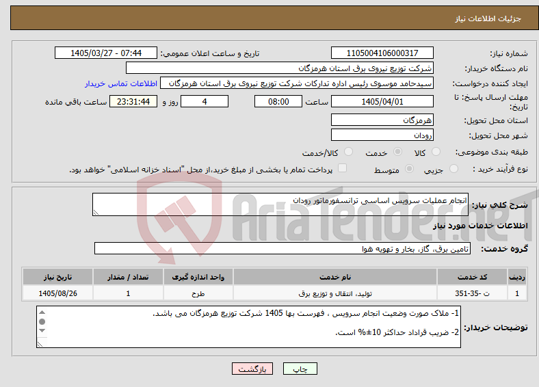 تصویر کوچک آگهی نیاز خدمات-انجام عملیات سرویس اساسی ترانسفورماتور رودان
