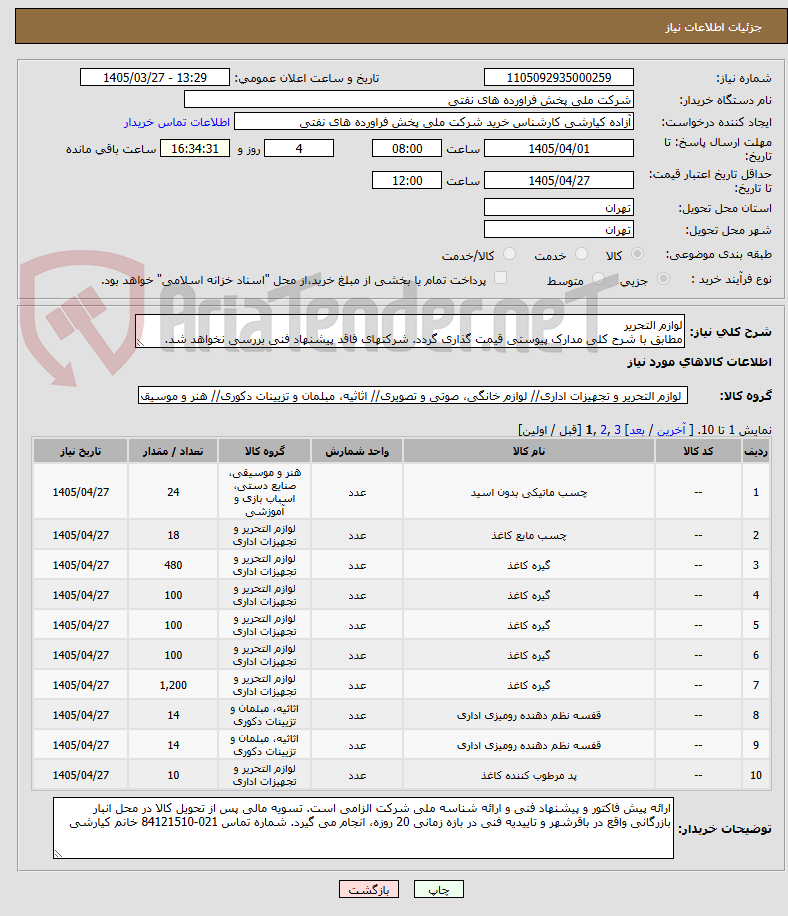تصویر کوچک آگهی لوازم التحریر
مطابق با شرح کلی مدارک پیوستی قیمت گذاری گردد. شرکتهای فاقد پیشنهاد فنی بررسی نخواهد شد.
