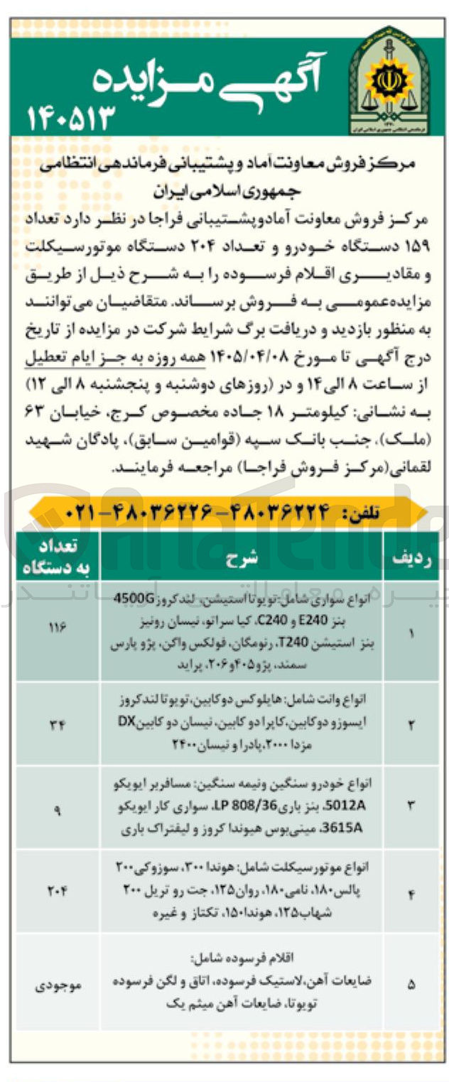 تصویر کوچک آگهی فروش تعداد ۱۵۹ دستگاه خودرو و تعداد ۲۰۴ دستگاه موتورسیکلت و مقادیری اقلام فرسوده