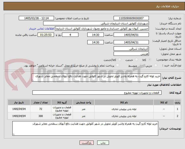 تصویر کوچک آگهی خرید لوله کارو گیت به همراه واشر کوپلر تحویل در شهر کلوانق جهت هدایت دفع آبهای سطحی معابر شهری 