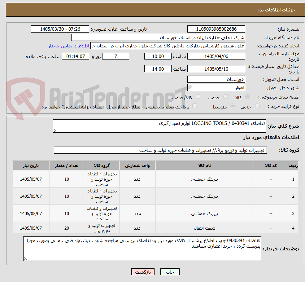 تصویر کوچک آگهی تقاضای 0430341 / LOGGING TOOLS لوازم نمودارگیری