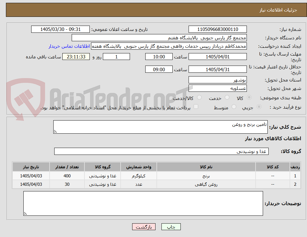 تصویر کوچک آگهی تامین برنج و روغن