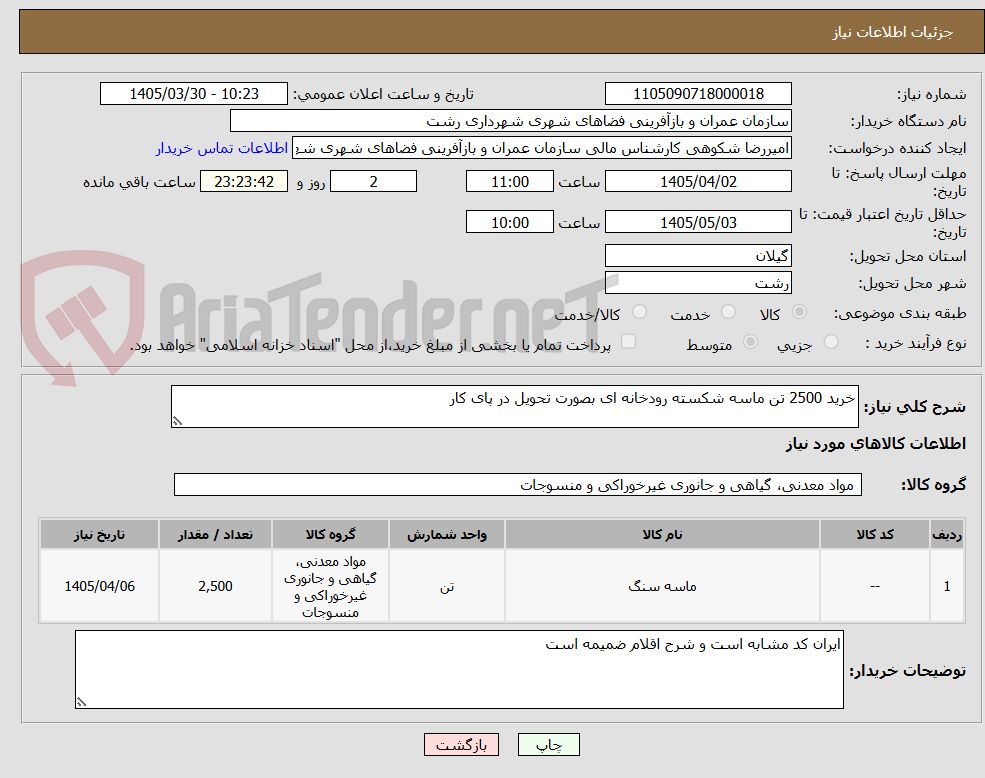 تصویر کوچک آگهی خرید 2500 تن ماسه شکسته رودخانه ای بصورت تحویل در پای کار