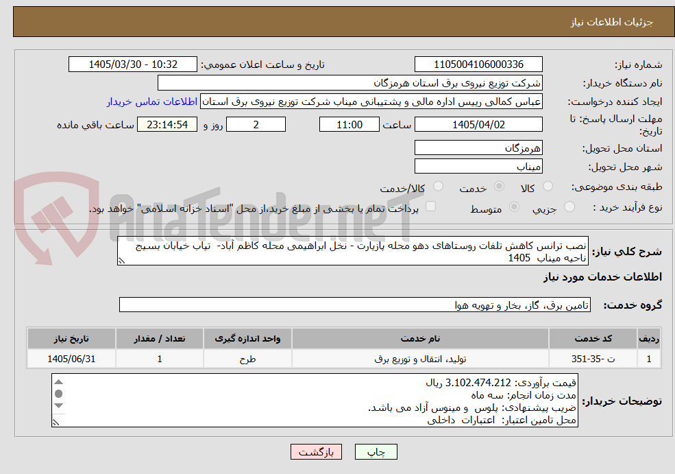تصویر کوچک آگهی نصب ترانس کاهش تلفات روستاهای دهو محله پازیارت - نخل ابراهیمی محله کاظم آباد-  تیاب خیابان بسیج ناحیه میناب  1405 