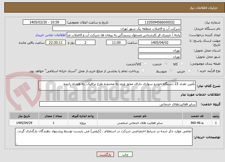 تصویر کوچک آگهی تأمین تعداد 23 دستگاه خودرو سواری دارای مجوز ورود به محدوده طرح ترافیک، به همراه راننده 