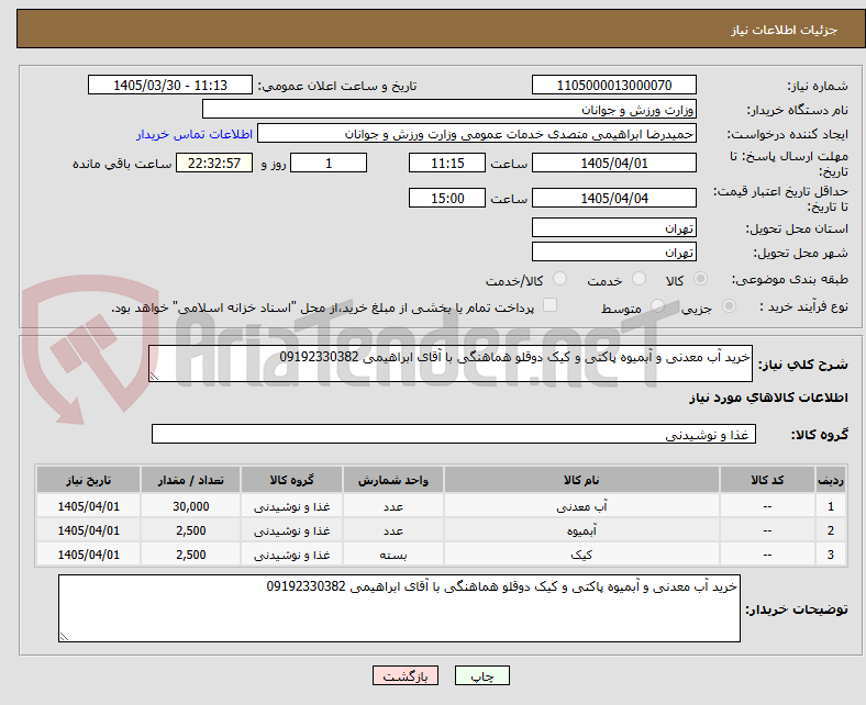 تصویر کوچک آگهی خرید آب معدنی و آبمیوه پاکتی و کیک دوقلو هماهنگی با آقای ابراهیمی 09192330382