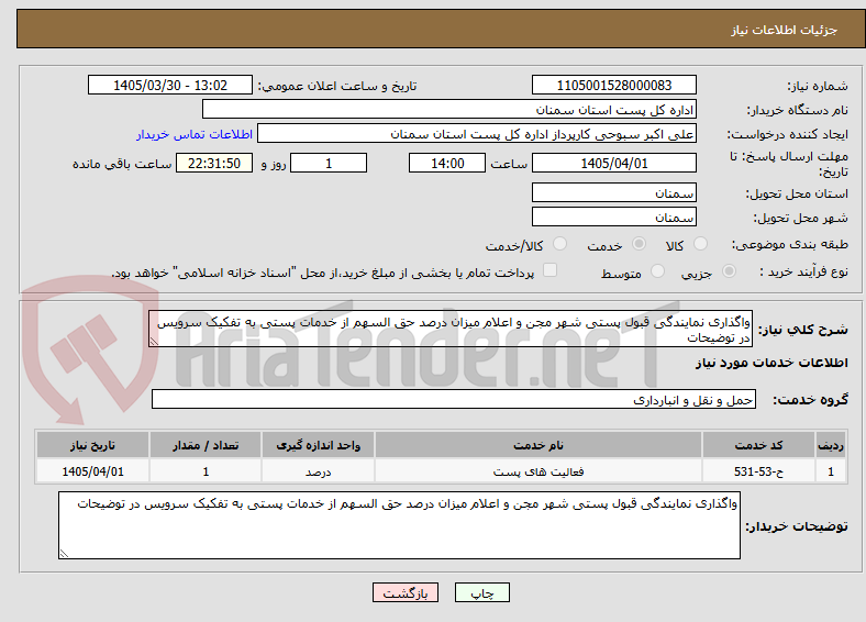 تصویر کوچک آگهی واگذاری نمایندگی قبول پستی شهر مجن و اعلام میزان درصد حق السهم از خدمات پستی به تفکیک سرویس در توضیحات