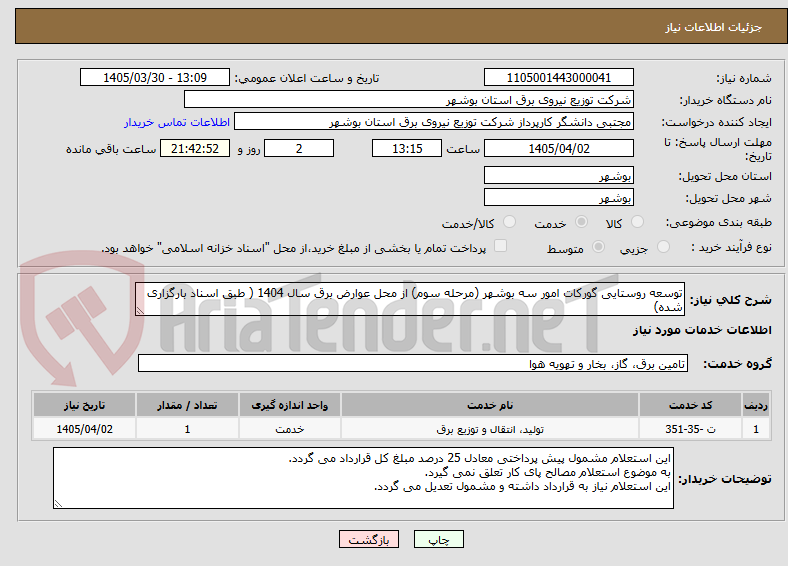 تصویر کوچک آگهی توسعه روستایی گورکات امور سه بوشهر (مرحله سوم) از محل عوارض برق سال 1404 ( طبق اسناد بارگزاری شده)